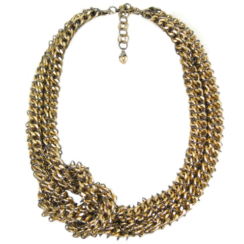 #813n Gold Tone Knotted Chain Mail Rope Necklace