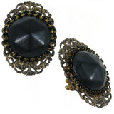 #814r Oversized Black Leather, Rhinestone & Old Gold Tone Filigree Ring