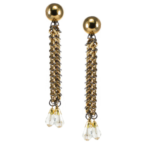 #815e Gold Tone Chain Mail Shoulder Duster Earrings With Crystal Drops
