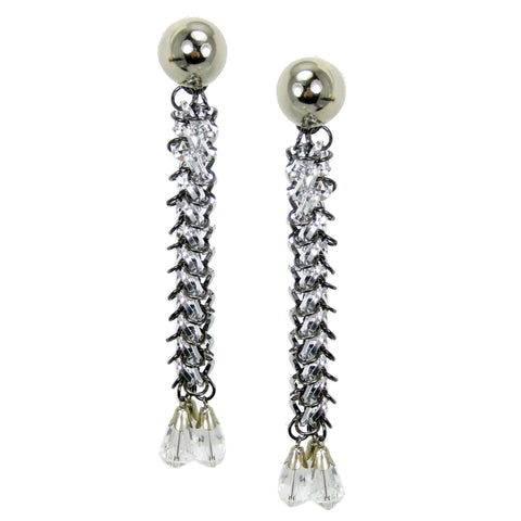 #820e Silver Tone Chain Mail Long Drop Earrings With Crystal Bead Detail