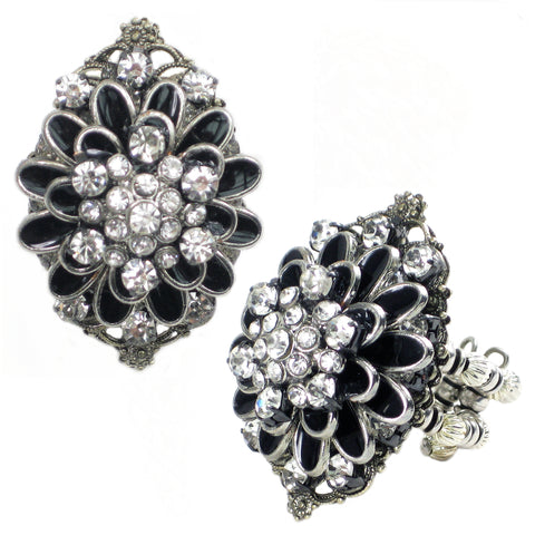 #831r Black Enamel & Crystal Rhinestone Floral & Filigree Ring