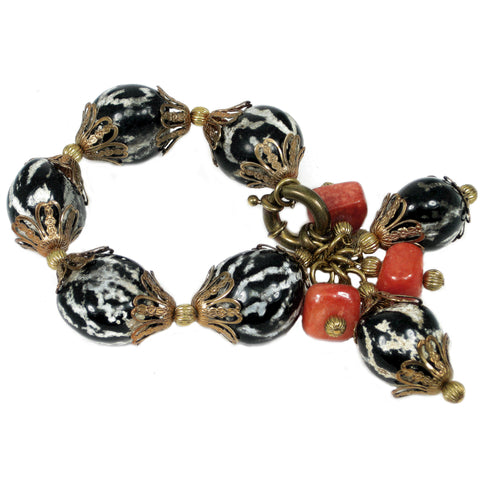 #849b Black/White Nut Shell, Agate & Gold Tone Filigree Bracelet With Tassel