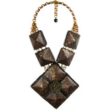 #859n Espresso & Gold Wood Tile Pendant Necklace With Jet Rhinestone