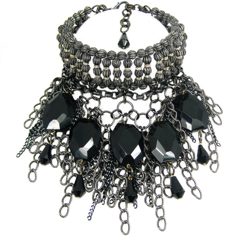 #870n Gunmetal, Jet & Rhinestone Choker/Bib Necklace With Chain Fringe
