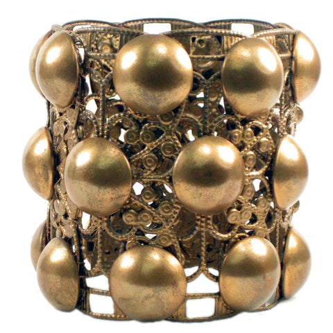 #879b Gold Tone Filigree & Button Cuff Bracelet
