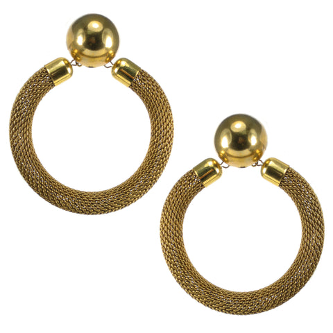 #883e Gold Tone Metal Mesh Hoop Earrings With Button Top