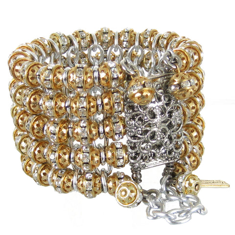 #887b Gold & Siver Tone Cuff Bracelet with Filigree & Rinestone