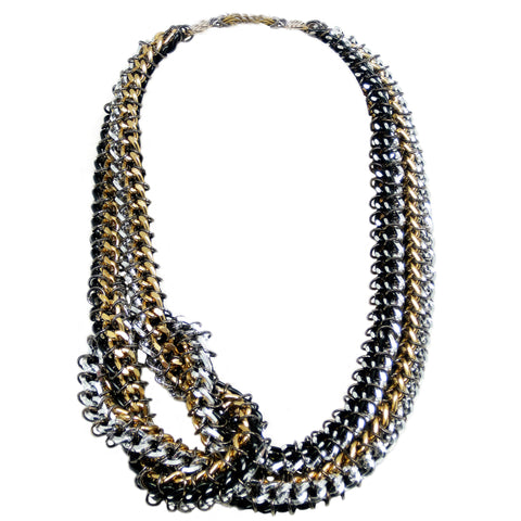 #896n Silver/Gold/Black Knotted Chain Mail Rope Necklace