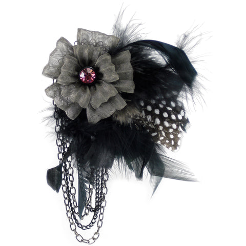 #896p Gunmetal Flower, Feather,  Chain & Pink Rhinestone "Corsage" Pin