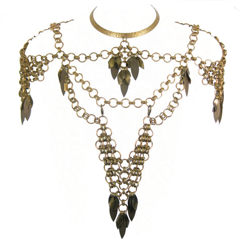#900bj Old Gold Tone Chain Mail & Fring Body Jewellery With Choker, Epaulets & Bib