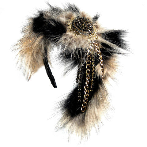 #905hp Dyed & Natural Fur Headpiece With Gold Tone Metal & Black Rhinestone Details