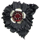 #905p Black Leather Flower With Red & Gunmetal Detail Corsage Pin