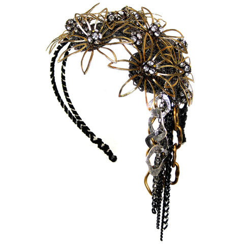 #906hp Gold, Silver & Black Metal & Rhinestone Floral Headpiece
