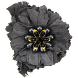#906p Grey Leather Flower Corsage Pin With Gold, Black & Gunmetal Detail