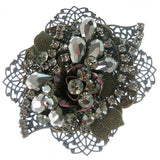 #911p Gunmetal Filigree, Old Gold & Copper Floral Pin With Rhinestone & Hematite Beads