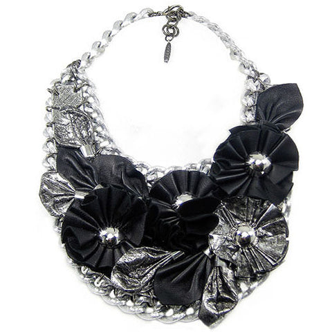 #914n Black/Silver Leather Flower & Chain Bib Necklace
