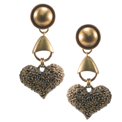#924e Gold Floral Heart Drop Earrings