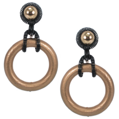 #936e Gold Tone Wood Hoop Earrings With Black Metal Mesh & Button Top