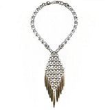 #975n Silver & Gold Tone Chain Mail Pendant Necklace With Spike Fringe