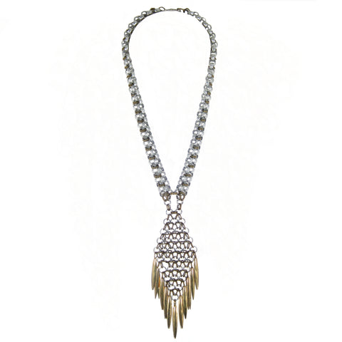 #975nl Silver & Gold Tone Chain Mail Long Pendant Necklace With Spike Fringe