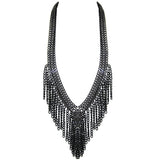 #980n Black/Silver Chain Long Fringed Bib Necklace
