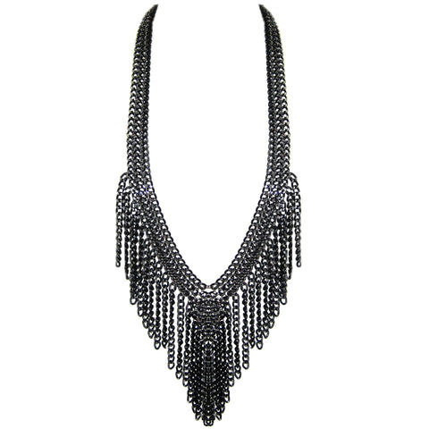 #980n Black/Silver Chain Long Fringed Bib Necklace