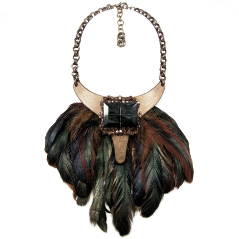 #982n Gold, Tan & Emerald Tone Bib Necklace With Feather Fringe