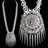 #1065n Long Silver Tone Chain & Filigree Pendant Necklace With Spike Fringe