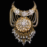 #1075n Gold Tone Choker/Bib "Statement" Necklace With Crystal & Rhinestone Detail