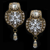 #1090e Gold Tone Filigree & Rhinestone Earrings With Crystal Drop