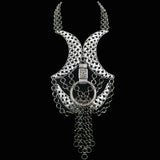 #1115n Pewter Tone Oversized Choker/Bib/Neck Piece With Ring & Chain Tassel