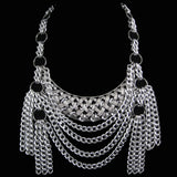#1120n Silver Tone Bib Necklace With Chain Tassels