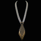#975nl Silver & Gold Tone Chain Mail Long Pendant Necklace With Spike Fringe