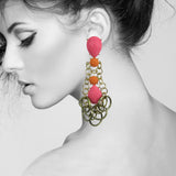 #1041e Pink, Orange & Gold Tone Long Drop Earrings