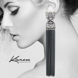 #862e Silver Tone Filigree & Black Long Fringe Earrings